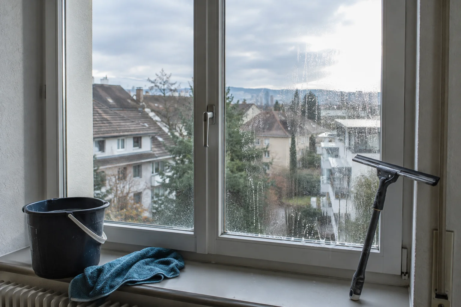 Fenster während der Reinigung mit Abzieher, Eimer und Tuch